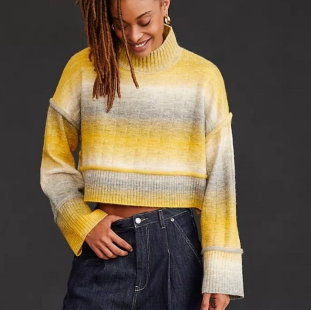 Anthropologie Pilcro Ombre Yellow Striped Cropped Sweater - Picture 2 of 15